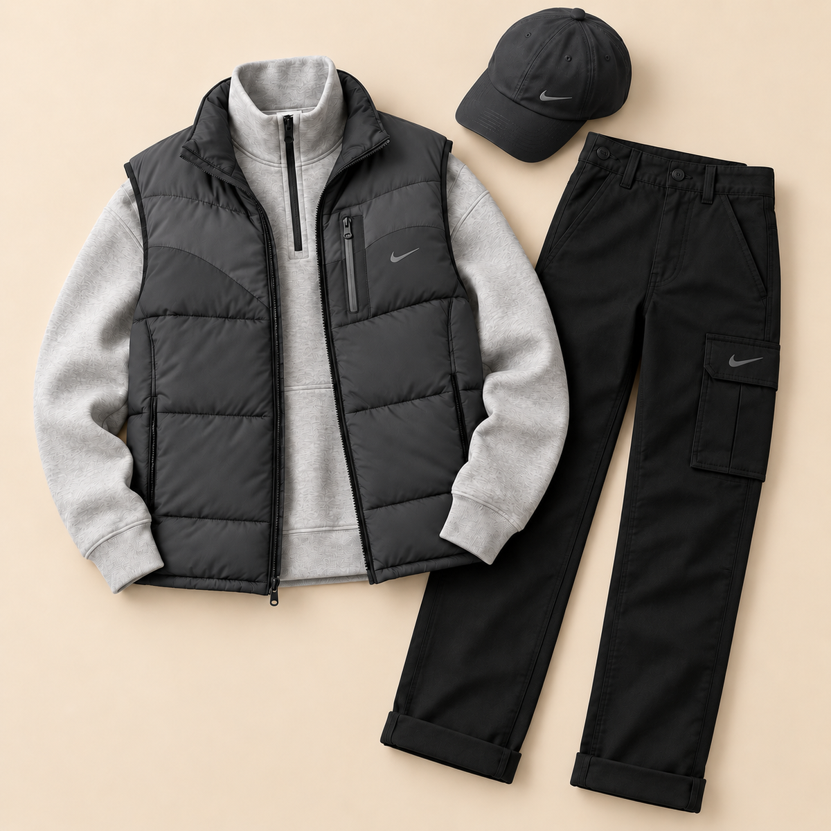 Men’s Winter Puffer Vest 4-Piece Utility Set – Quarter-Zip, Straight Cargo Pants & Cap