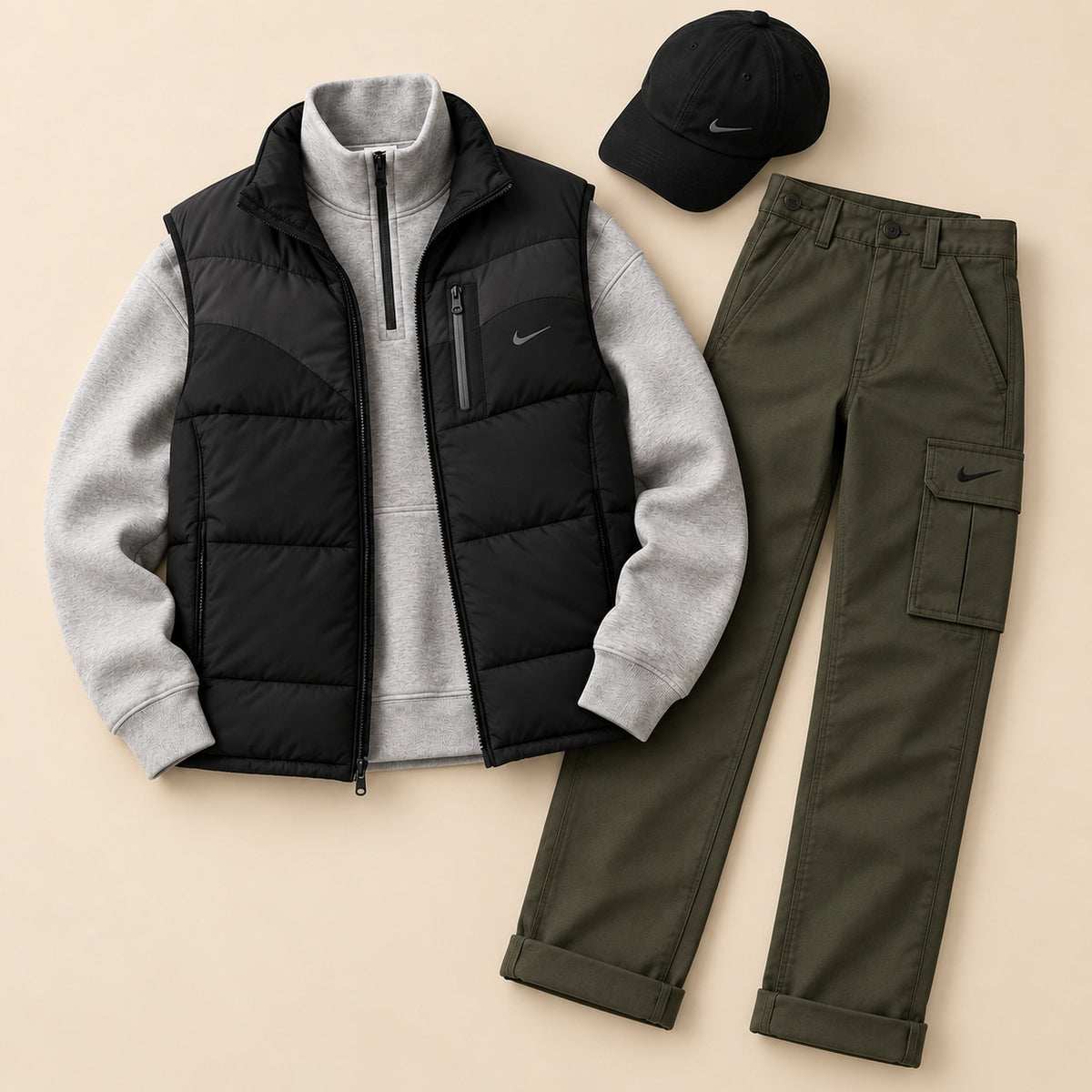 Men’s Winter Puffer Vest 4-Piece Utility Set – Quarter-Zip, Straight Cargo Pants & Cap
