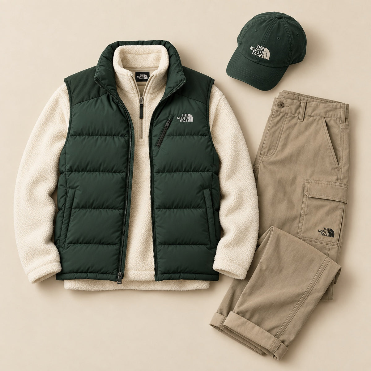 Face Winter Puffer Vest 4-Piece Set – Sherpa Half-Zip, Utility Pants & Cap