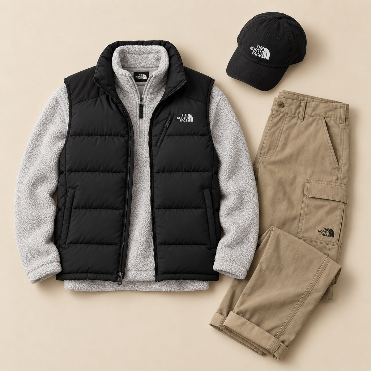 Face Winter Puffer Vest 4-Piece Set – Sherpa Half-Zip, Utility Pants & Cap