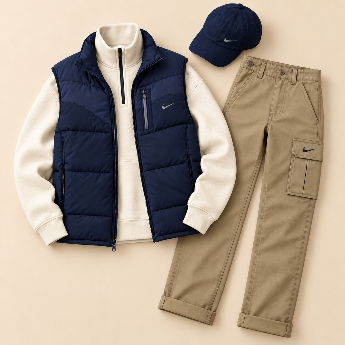 Men’s Winter Puffer Vest 4-Piece Utility Set – Quarter-Zip, Straight Cargo Pants & Cap