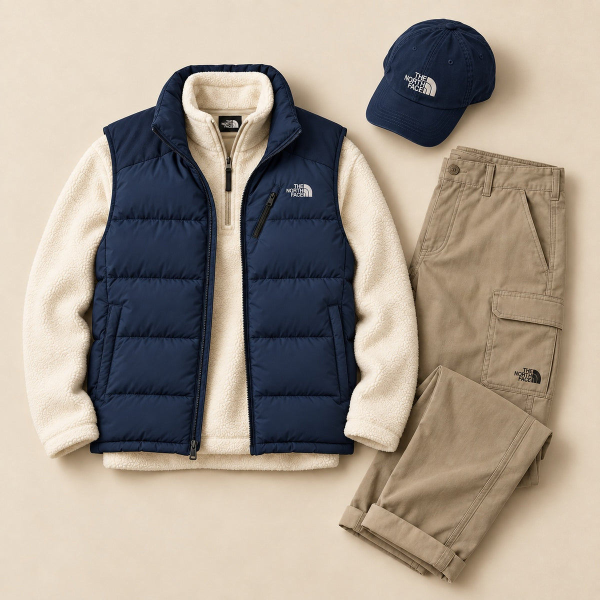 Face Winter Puffer Vest 4-Piece Set – Sherpa Half-Zip, Utility Pants & Cap