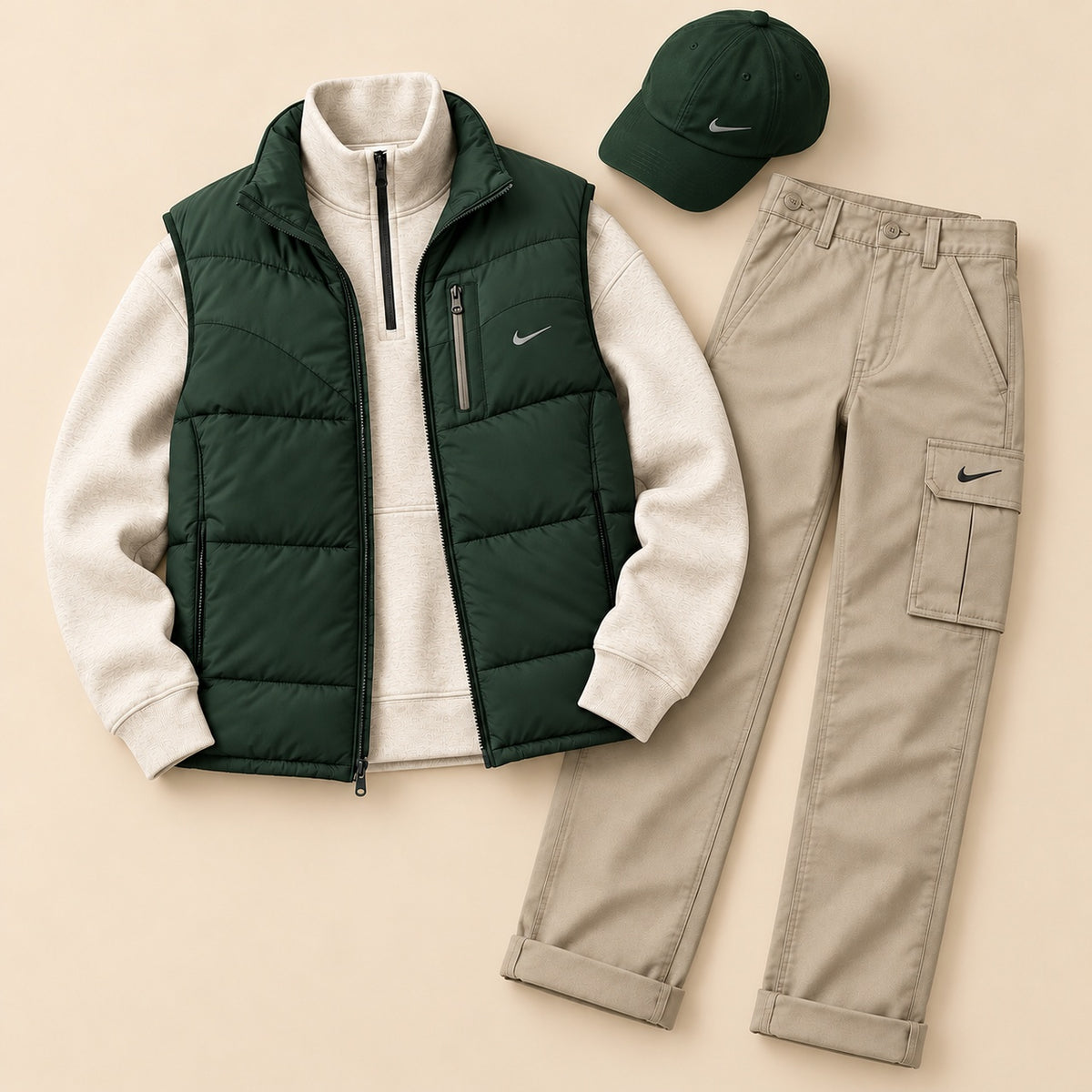 Men’s Winter Puffer Vest 4-Piece Utility Set – Quarter-Zip, Straight Cargo Pants & Cap