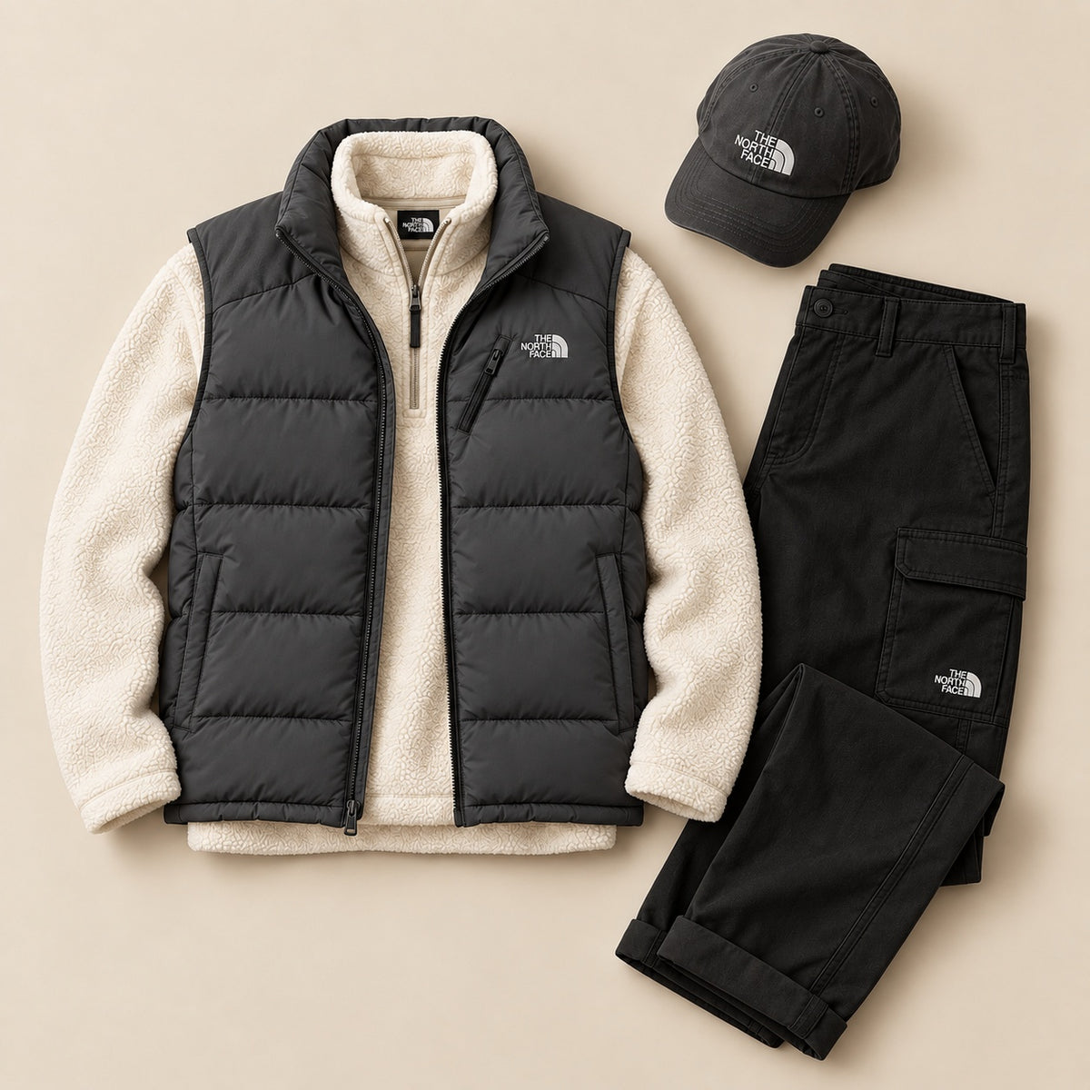 Face Winter Puffer Vest 4-Piece Set – Sherpa Half-Zip, Utility Pants & Cap
