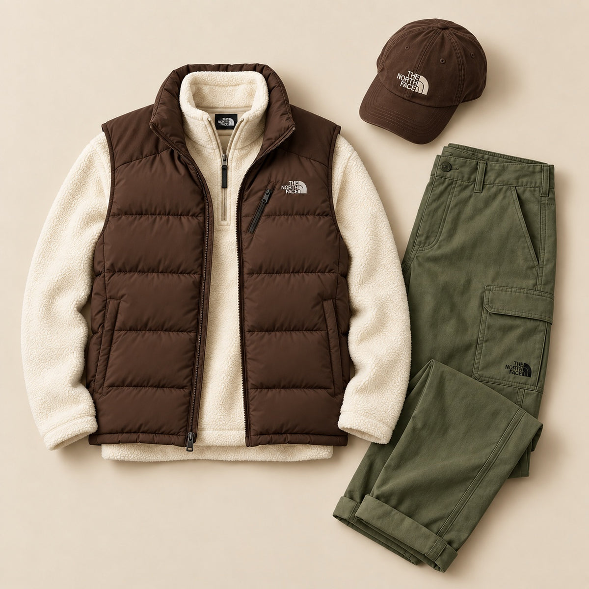 Face Winter Puffer Vest 4-Piece Set – Sherpa Half-Zip, Utility Pants & Cap
