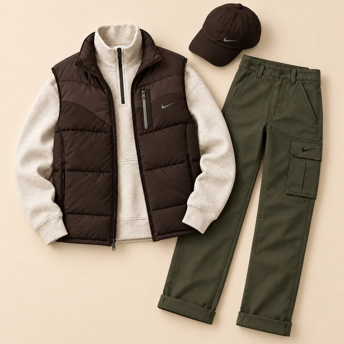 Men’s Winter Puffer Vest 4-Piece Utility Set – Quarter-Zip, Straight Cargo Pants & Cap