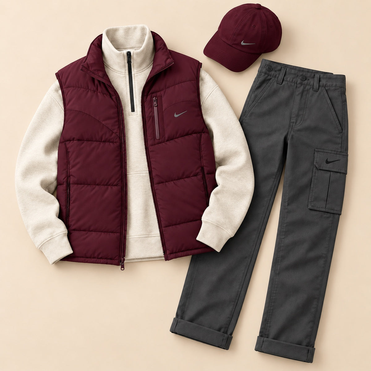 Men’s Winter Puffer Vest 4-Piece Utility Set – Quarter-Zip, Straight Cargo Pants & Cap