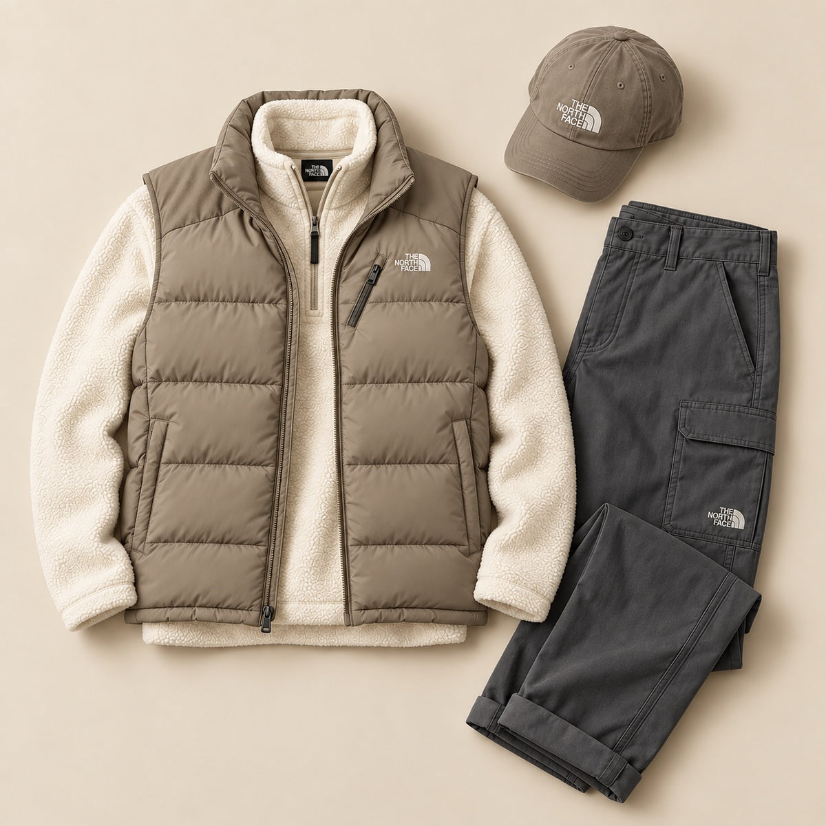 Face Winter Puffer Vest 4-Piece Set – Sherpa Half-Zip, Utility Pants & Cap