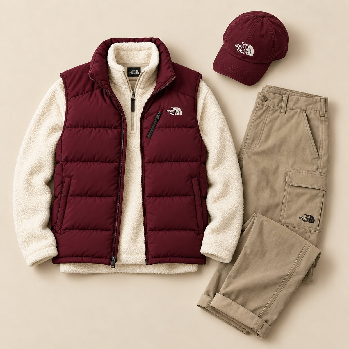 Face Winter Puffer Vest 4-Piece Set – Sherpa Half-Zip, Utility Pants & Cap