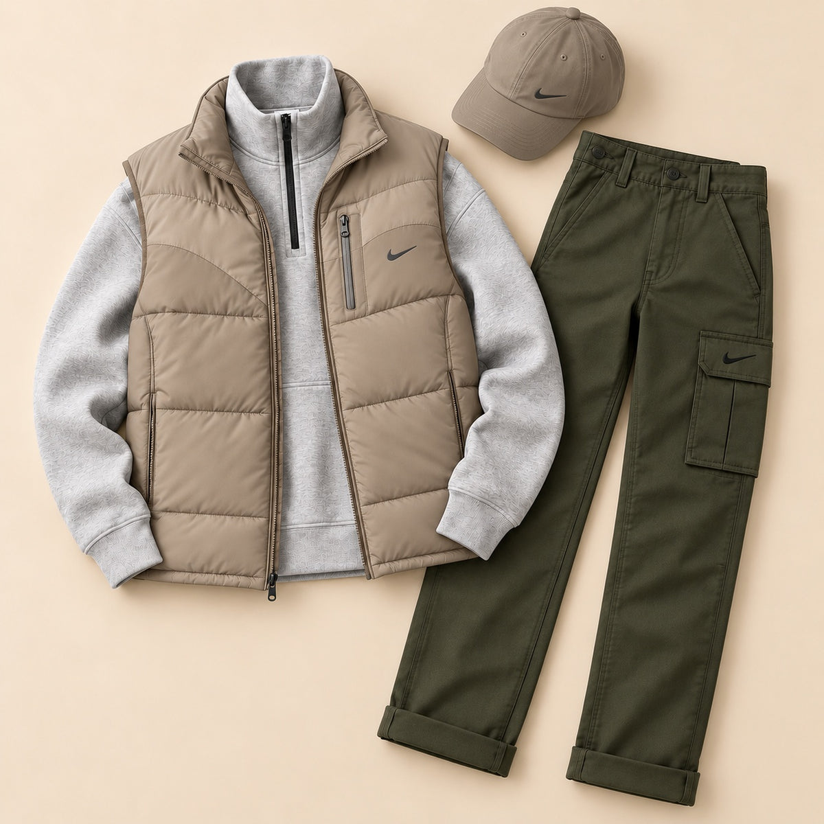 Men’s Winter Puffer Vest 4-Piece Utility Set – Quarter-Zip, Straight Cargo Pants & Cap