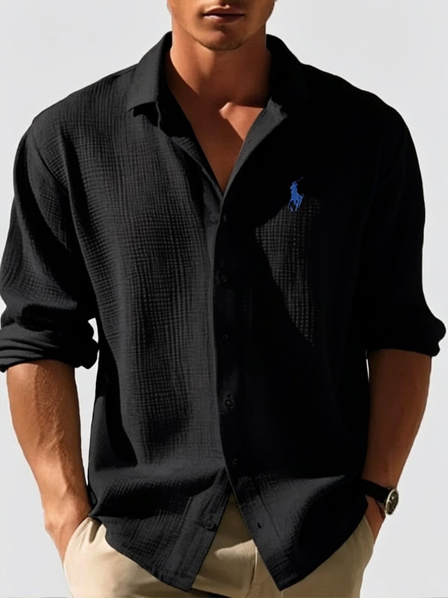 R L | Men's Loose-Fit Waffle-Knit Collared Shirt