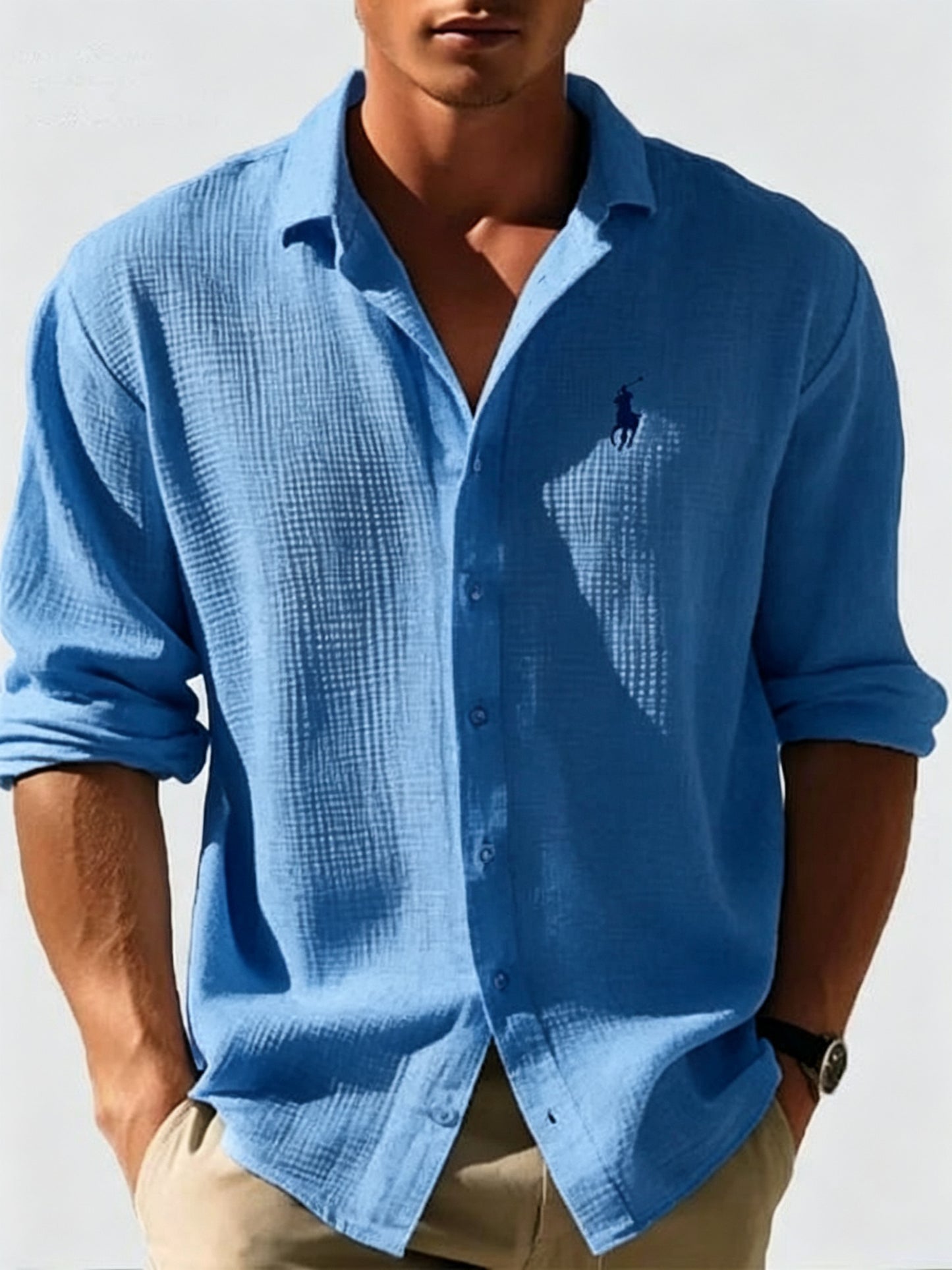 R L | Men's Loose-Fit Waffle-Knit Collared Shirt