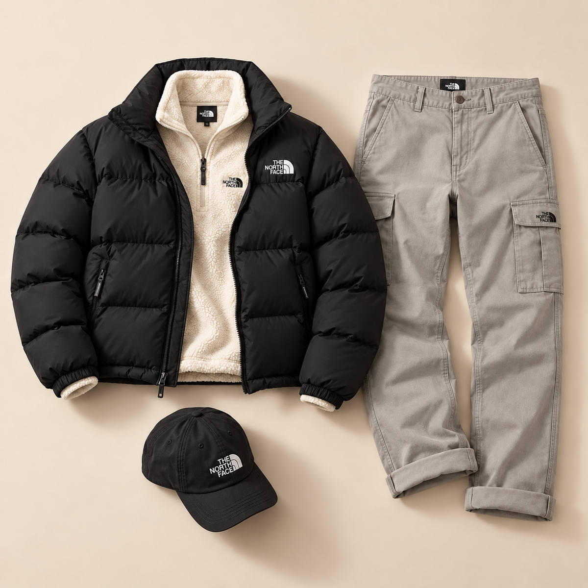Winter Light Utility 4-Piece Set – Puffer Jacket, Fleece Half-Zip, Utility Cargo Pants & Cap