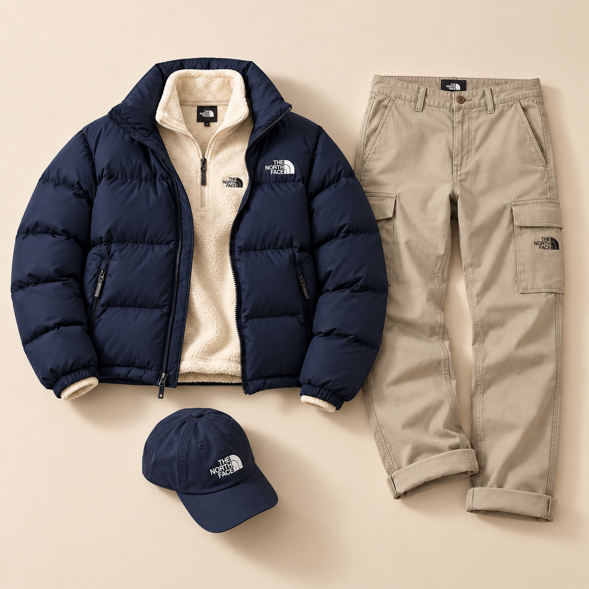 Winter Light Utility 4-Piece Set – Puffer Jacket, Fleece Half-Zip, Utility Cargo Pants & Cap