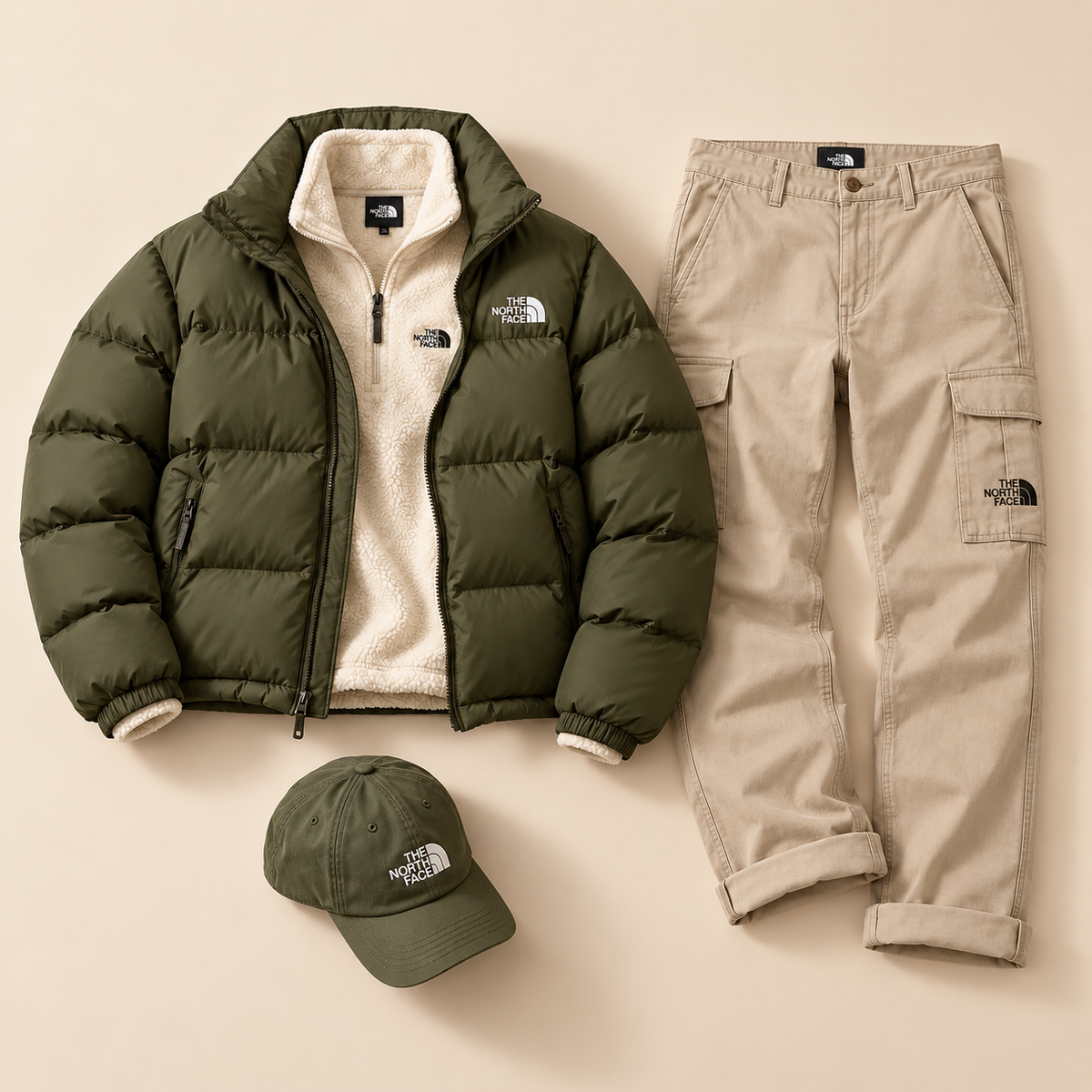 Winter Light Utility 4-Piece Set – Puffer Jacket, Fleece Half-Zip, Utility Cargo Pants & Cap