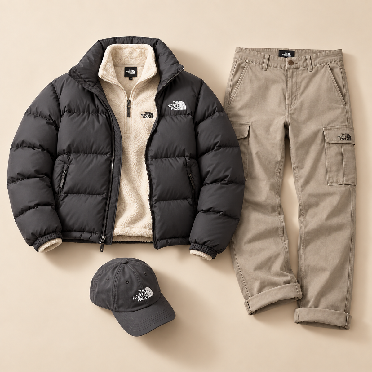 Winter Light Utility 4-Piece Set – Puffer Jacket, Fleece Half-Zip, Utility Cargo Pants & Cap